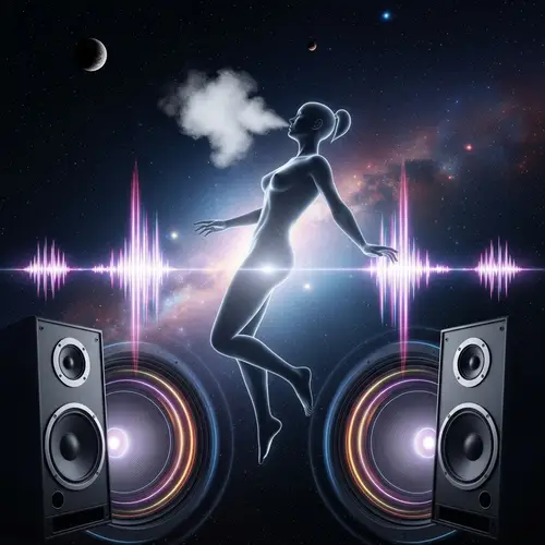 Cosmic Sound Waves: Human Figure Floating in Space