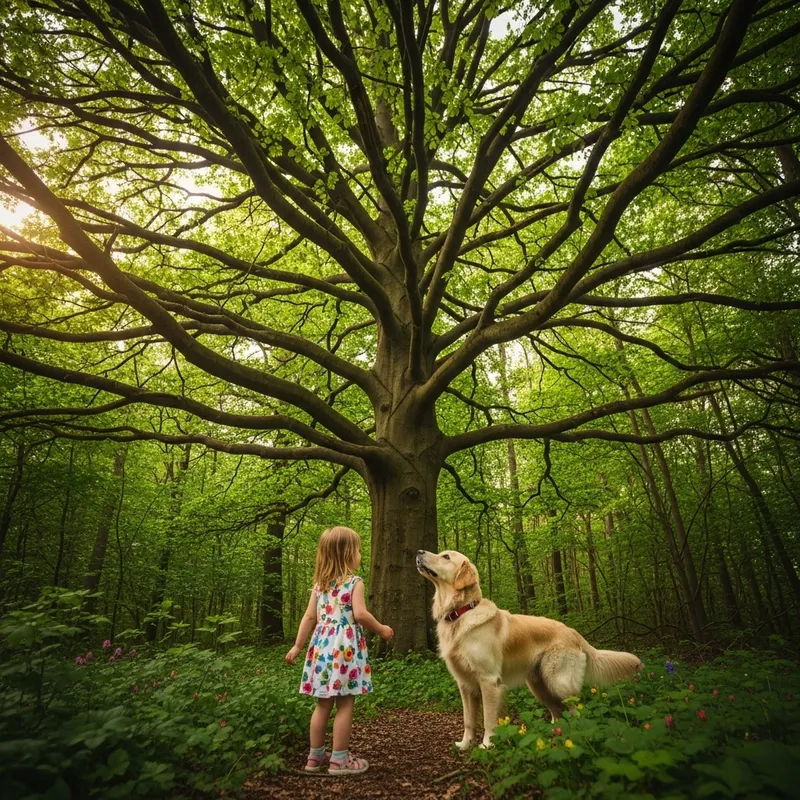 Young Girl and Golden Retriever in Enchanted Forest Excursion Young Girl and Golden Retriever in Enchanted Forest Excursion