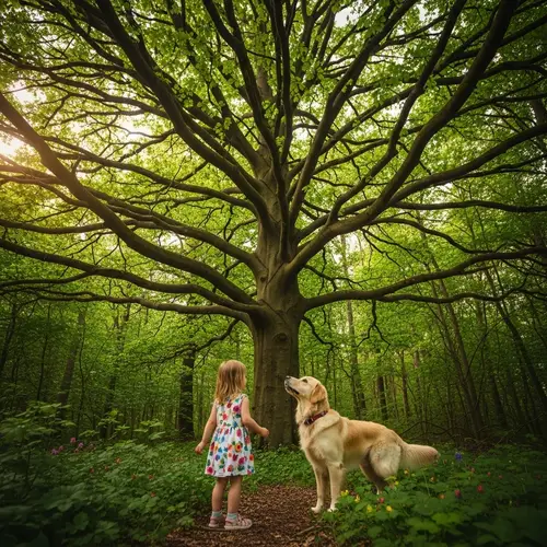 Caucasian Girl and Golden Retriever in Enchanted Forest
