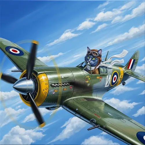 Dark Grey Cat as WWII Pilot in Vintage Fighter Plane Illustration
