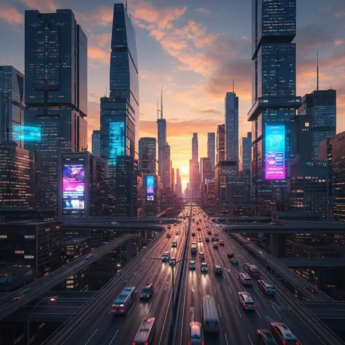 Futuristic Cyberpunk Metropolis at Sunset