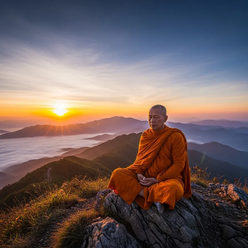 Serene Monk Meditating on Mountaintop at Sunrise