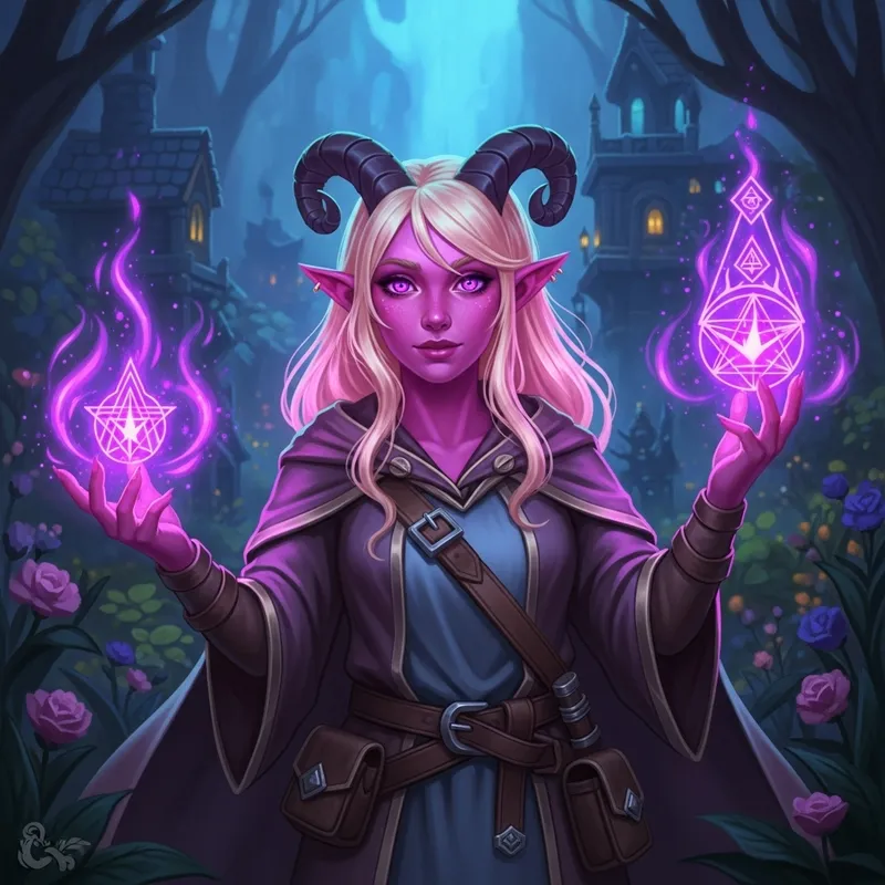Beautiful Female Warlock Tiefling in Colorful DnD World