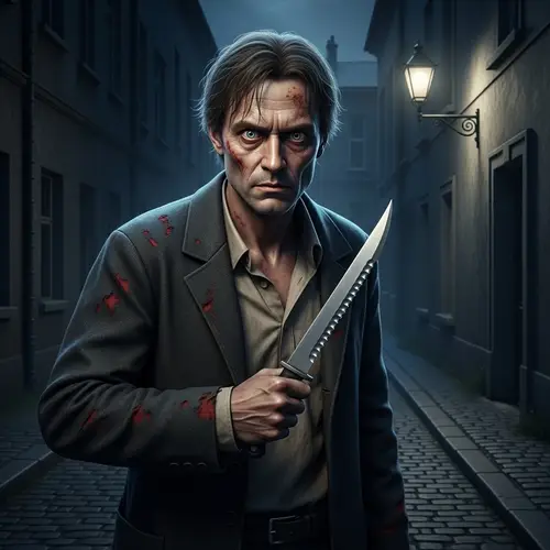Eerie and Desolate Back-alley Terror: Deranged Individual with Serrated Knife