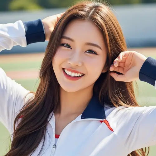 Joyful East Asian Woman in Sports Attire: Radiant Youthful Energy
