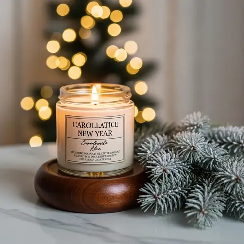 Cozy Winter Scene with Aromatic Candle and Fir Branch