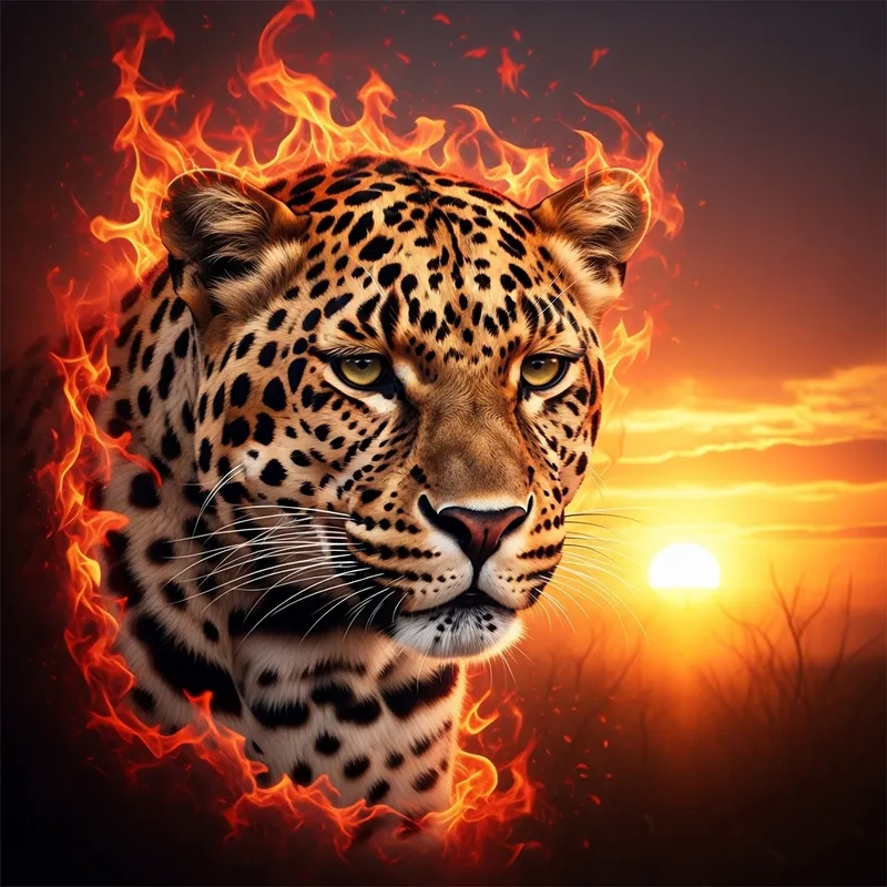 Intense Leopard Portrait with Fiery Background