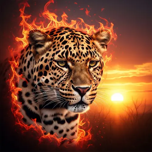 Intense Leopard Portrait Surrounded by Flames and Sunset