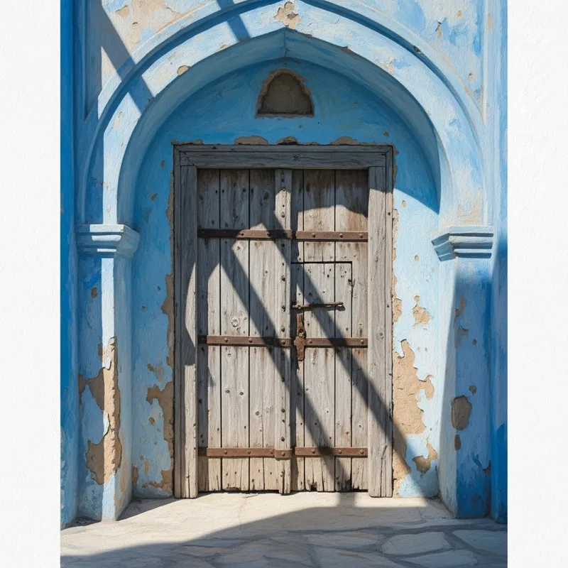 Ancient Wooden Door with Blue and White Arch - Tranquil Scene