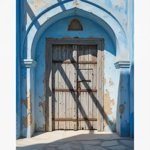 Ancient Wooden Door with Blue and White Arch