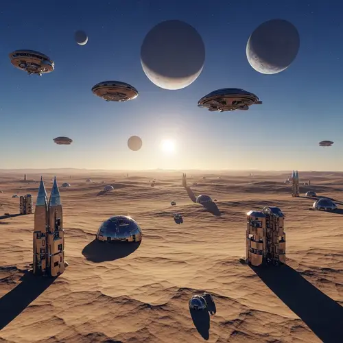 Surreal Desert Landscape with Planets: Otherworldly Scenery