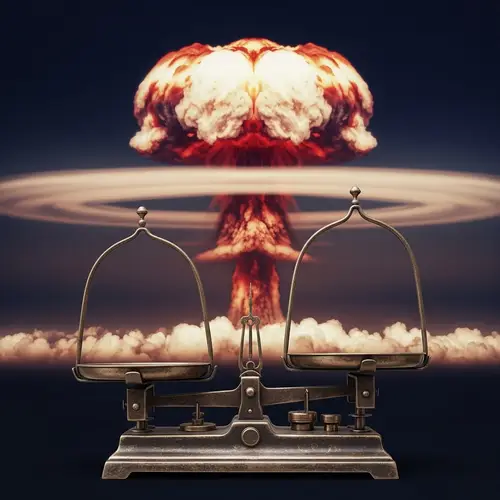 Antique Trading Scales & Nuclear Mushroom Cloud Illustration