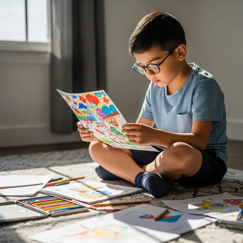Niño con Lentes Leyendo Dibujo Pintado en Casa