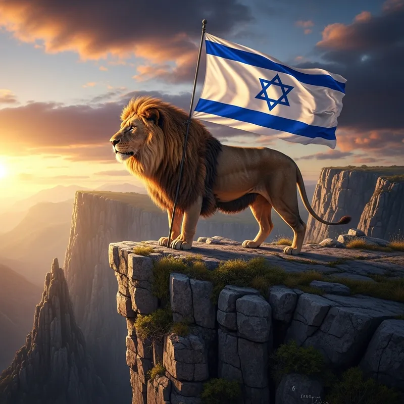 Majestic Lion on Cliff with Israel Flag Majestic Lion on Cliff with Israel Flag