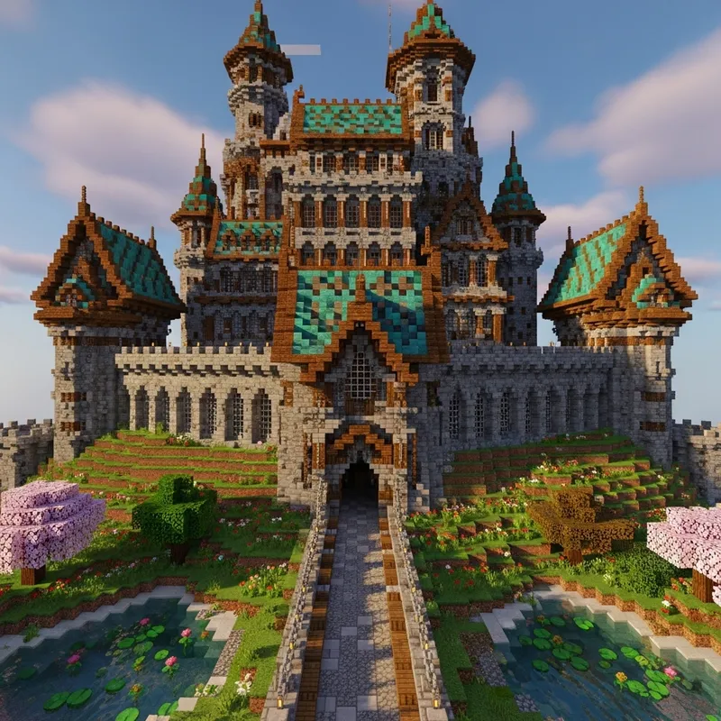 Very Large Castle on Hill with Copper Roofs in Minecraft 1.20