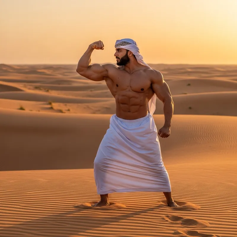 Powerful Middle-Eastern Man Embracing Tradition in Desert Landscape
