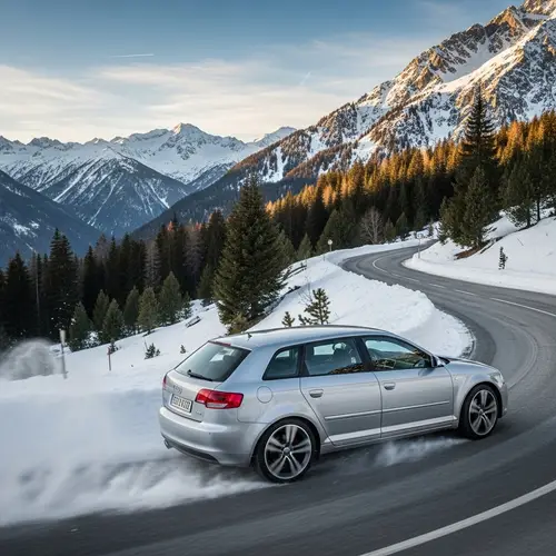 Silver Audi S3 8L in Motion on Snowy Mountain Road