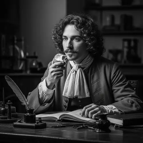 Vintage Style Portrait of Historical Scientist with Curly Hair