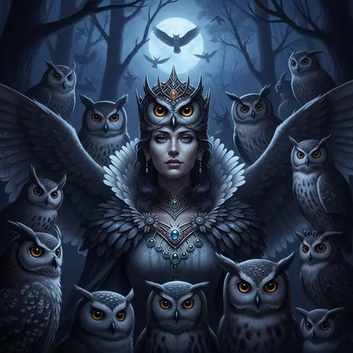 Queen of Owls in Majestic Twilight Forest Setting