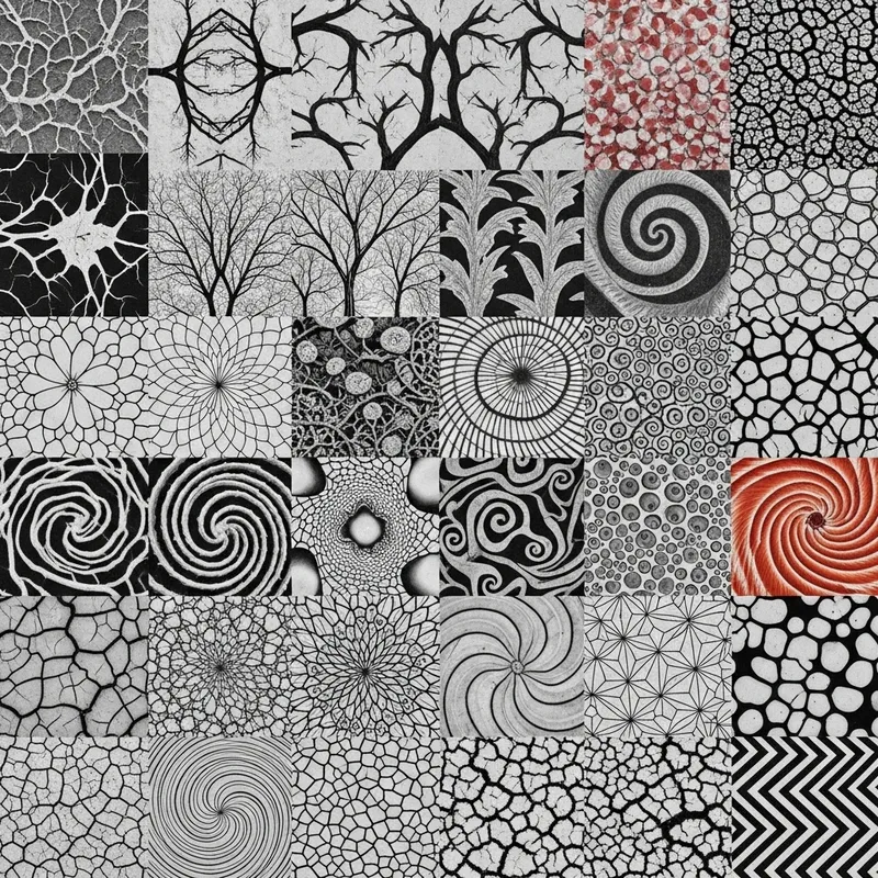 Intricate Natural Patterns Collage: Symmetry, Trees, Spirals & More