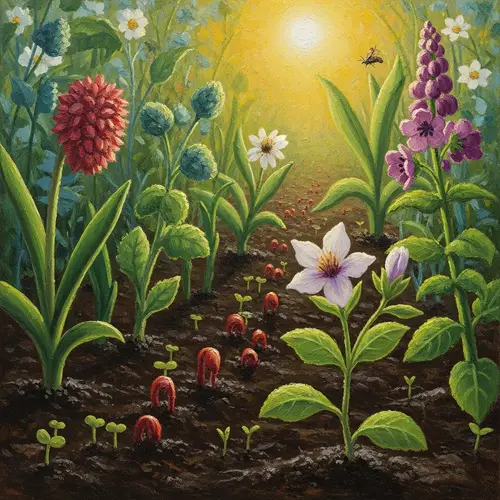 Impressionist Oil Painting of Plant Growth and Blooming Flowers