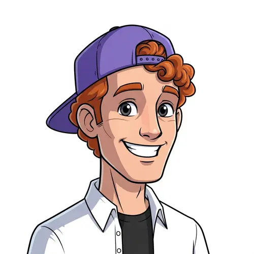 Friendly Male AI Robot with Curly Hair and Purple Snapback Hat