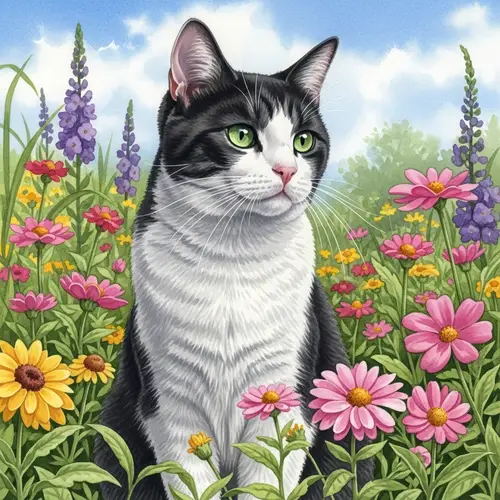 Detailed Watercolor Painting of Domestic Short-Haired Cat in Garden