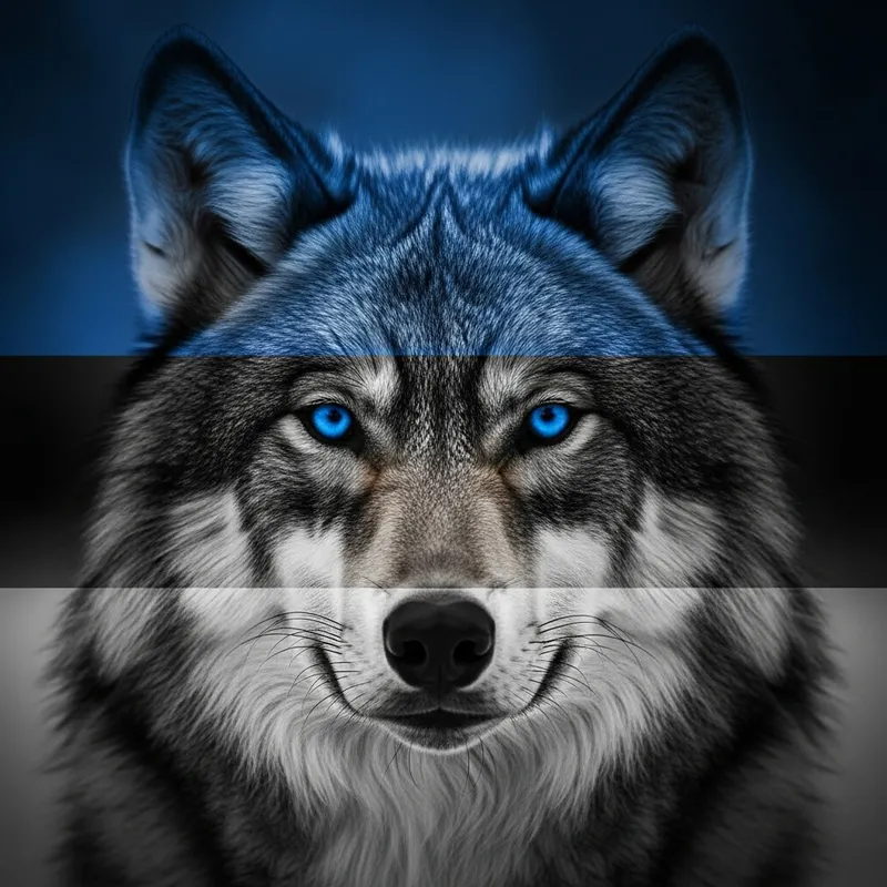 Close-up Portrait of Wolf with Blue Eyes | Estonian Flag