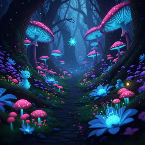 Mystical Forest with Glowing Mushrooms | Neon Colors & Magical Creatures