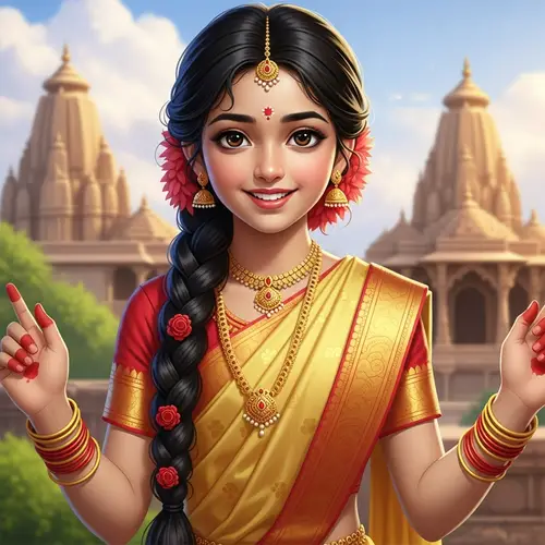 Vibrant Indian Girl in Gold & Ruby Sari | Cultural Portrayal
