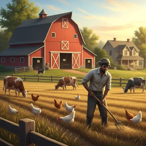 Idyllic Farm Scene with Red Barn, Cows, and Chickens