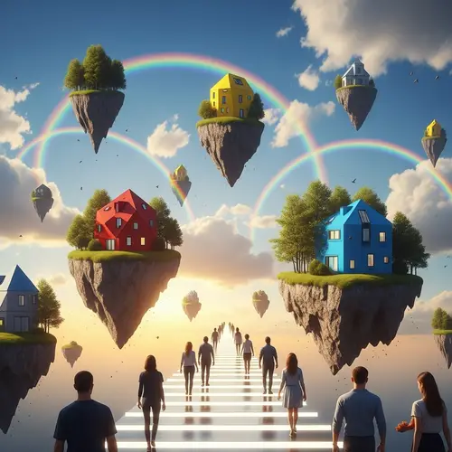 Surreal Landscape with Floating Islands and Rainbow Paths