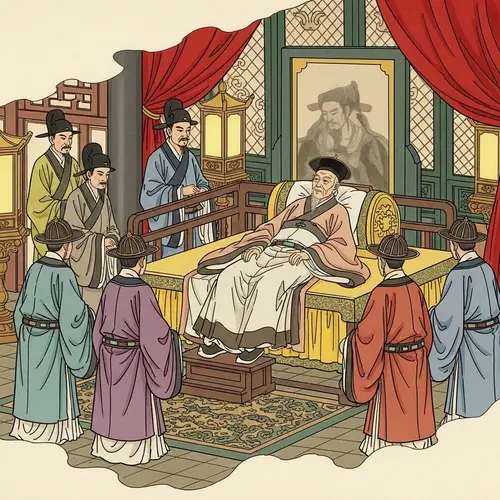 Ancient Chinese Scene: Portrait of Aging Sovereign in Palace