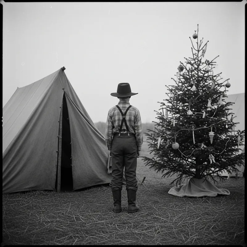 Authentic Pioneer Boy at Camp with Christmas Tree