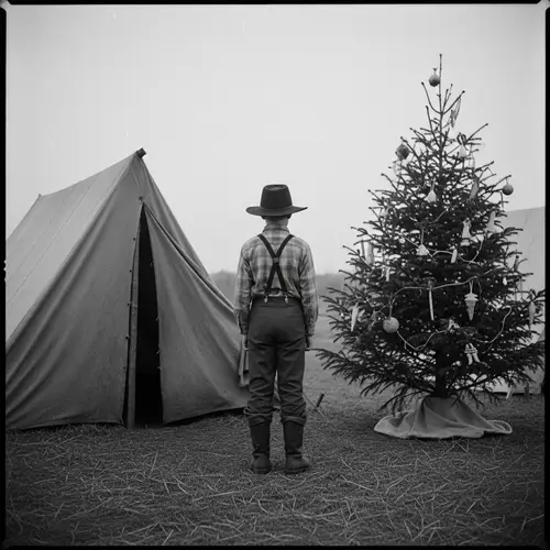 Vintage Pioneer Boy at Camp with Christmas Tree