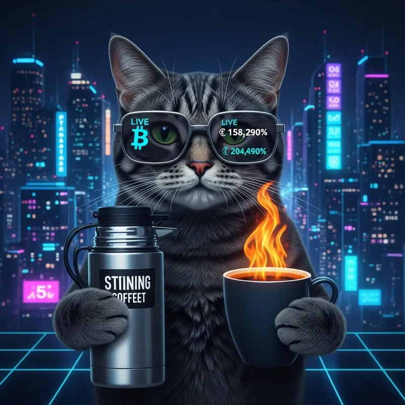 Crypto Cat Sips Coffee in Cyber City | Night Background