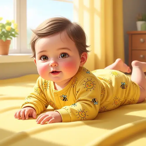 Adorable Baby in Yellow Onesie on Lemon-Yellow Blanket