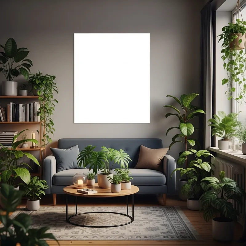 Intimate Modern Eclecticism Living Room with Houseplants & White Poster