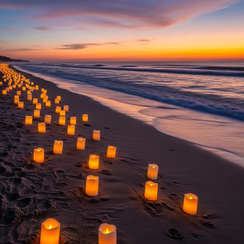 Enchanting Beachscape with LED Candle Illumination at Dusk