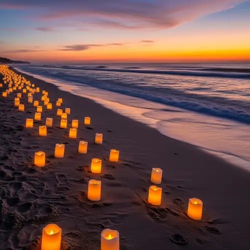 Tranquil Beachscape at Dusk with LED Candle Illumination