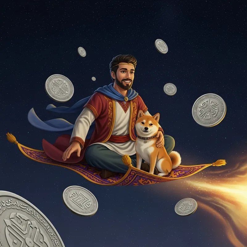 Ancient Persian Prince on Magic Carpet with Shiba Inu - Crypto Coin Adventure