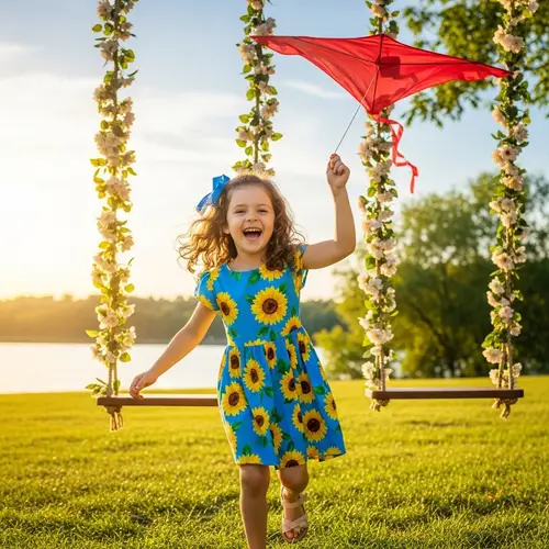 Young Girl Playing in Sunlit Park with Red Kite