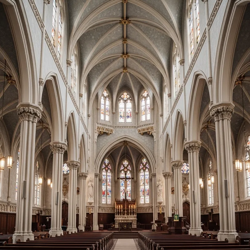 Majestic White and Gold Sanctuary with Stained Glass Elegance