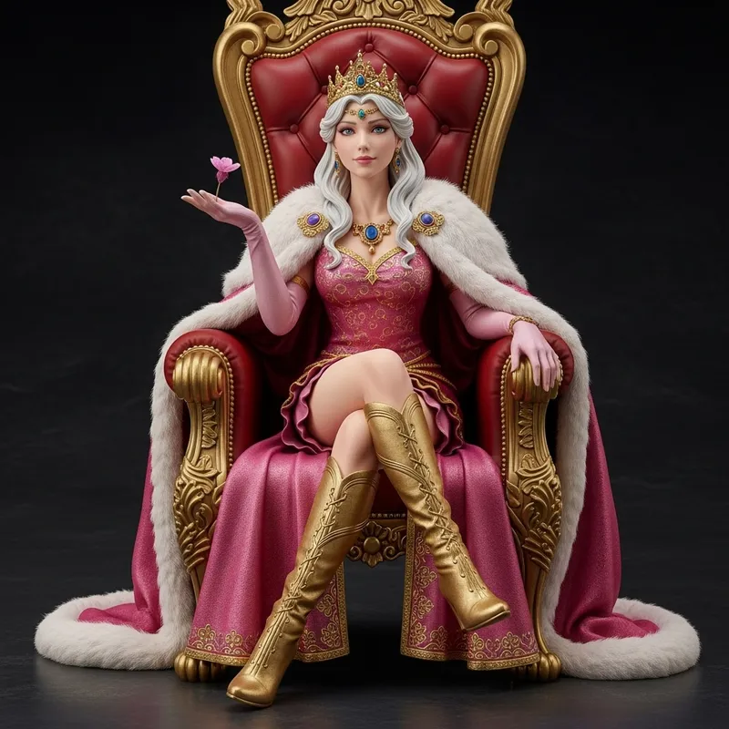 Elegant Princess on Throne in White Hair & Golden Attire