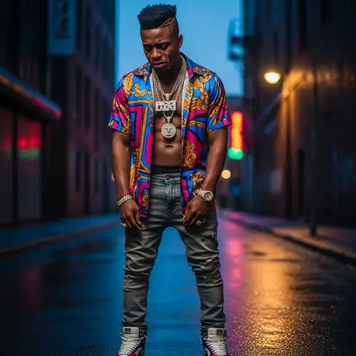 Young African Man in Colorful Silk Shirt and Jeans Crying