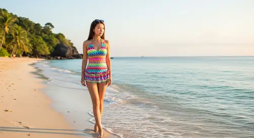 Exotic Asian Girl in Vibrant Swimsuit on Tropical Beach