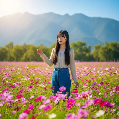 Asian Girl Surrounded by Wildflowers in Sun-Drenched Field