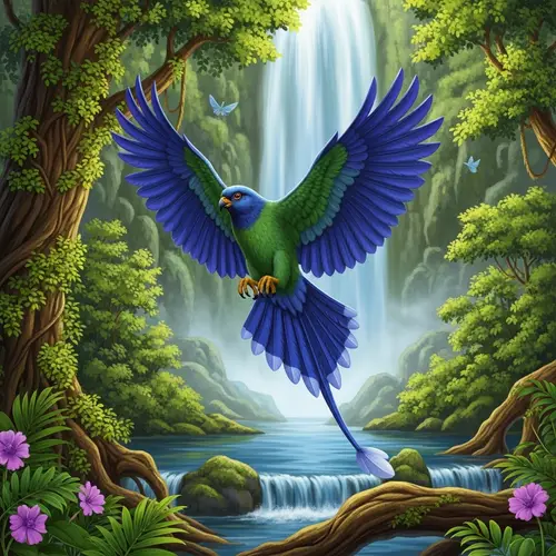 Vibrant Forest Scene with Graceful Bird in Flight