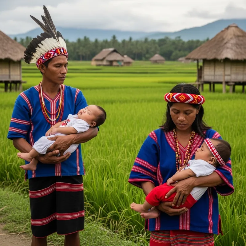 Tranquil Village Scene: Indigenous Filipino Parents with Sleeping Baby Tranquil Village Scene: Indigenous Filipino Parents with Sleeping Baby