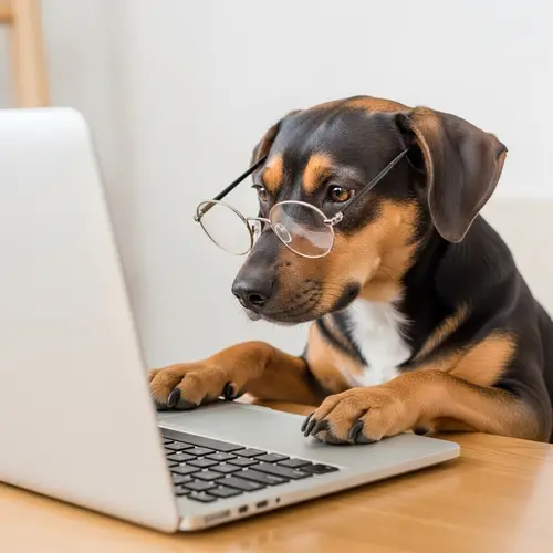Clever Dog Typing on Laptop with Glasses